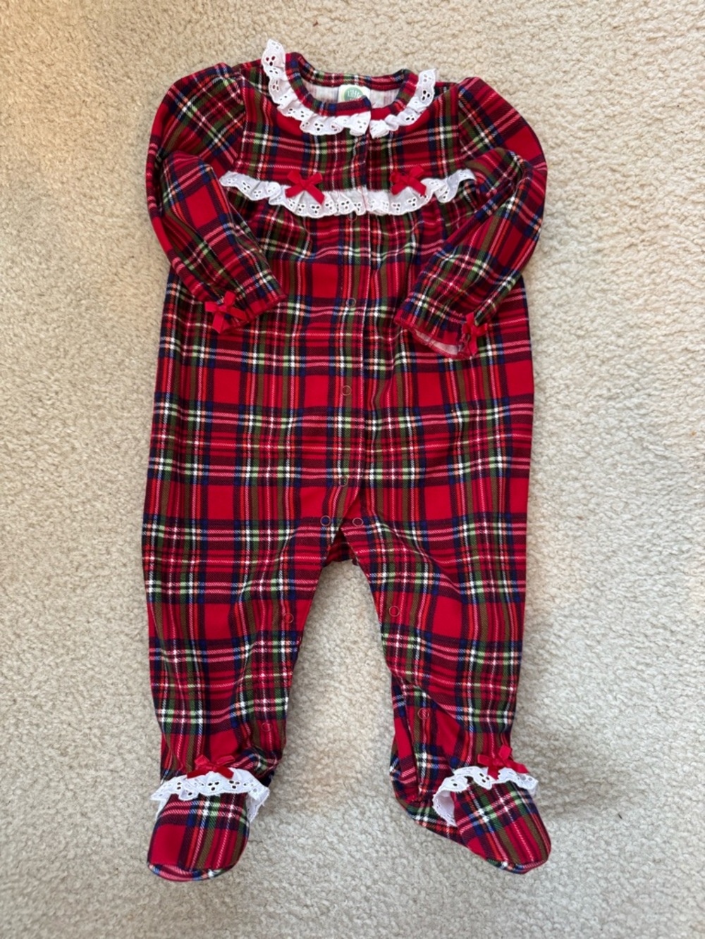 Little Me Red Plaid Footed One-Piece with Lace Trim